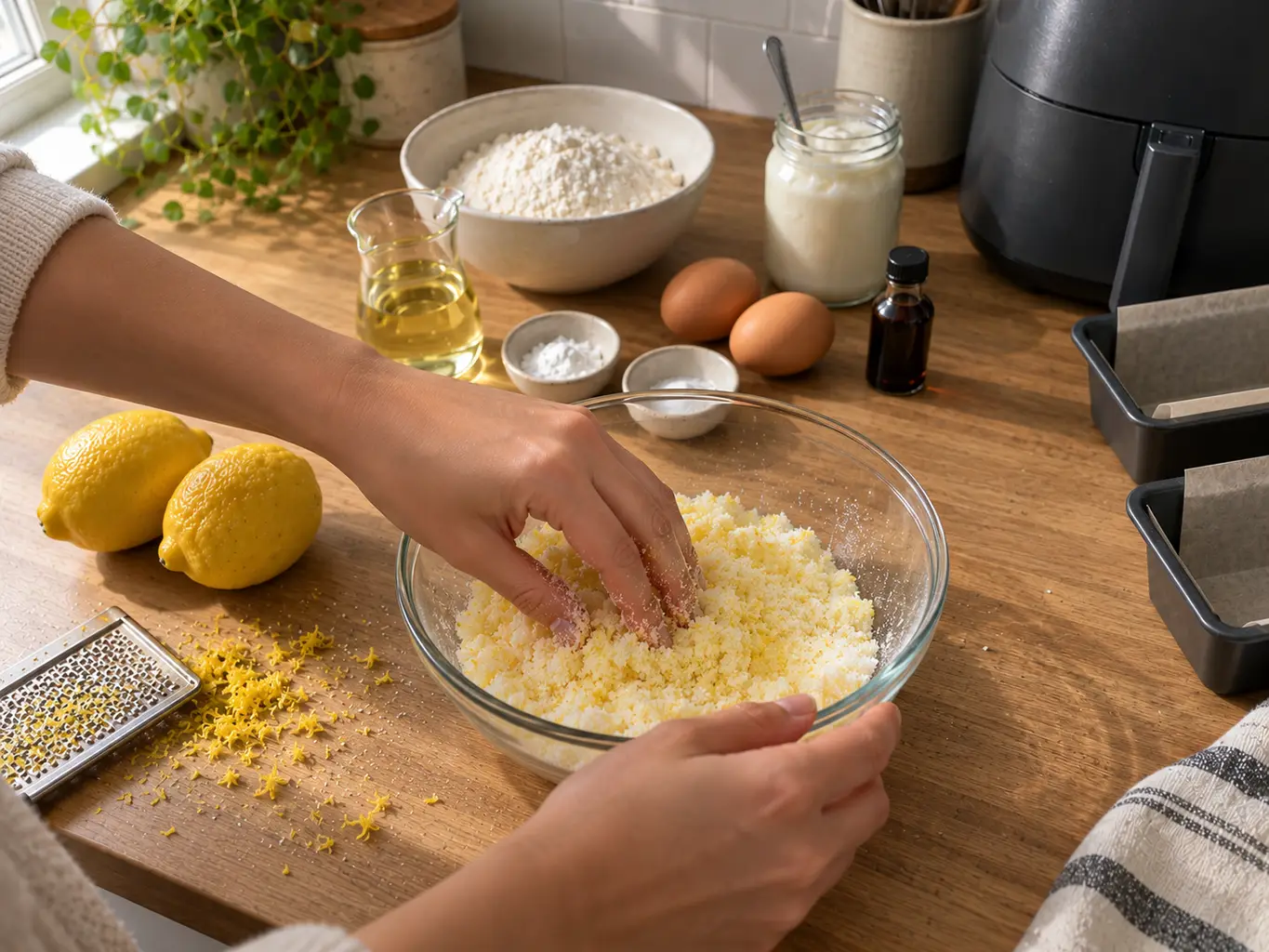 Fingertips rubbing lemon zest into sugar in a glass bowl, the sugar turning pale yellow, with a zester and grated zest on the counter