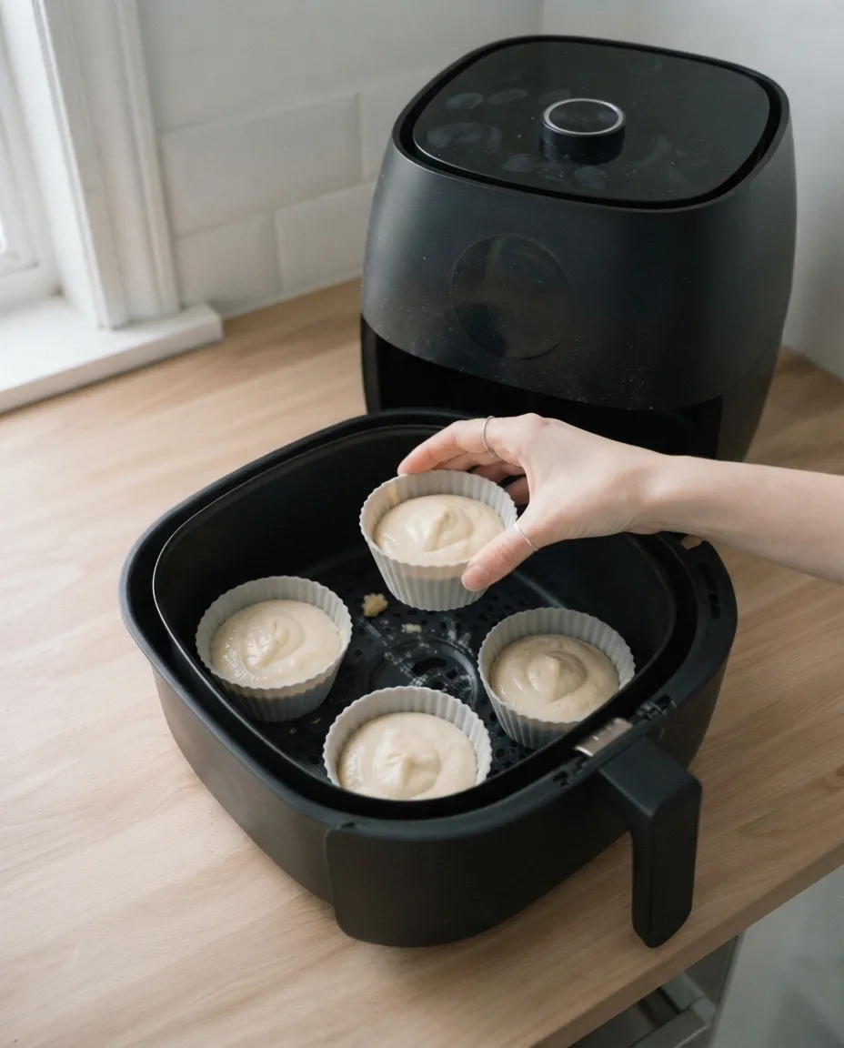 A hand placing filled silicone muffin cups on the floor of an air fryer basket