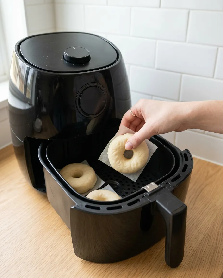 Lowering a proofed donut ring into the air fryer basket on its parchment square
