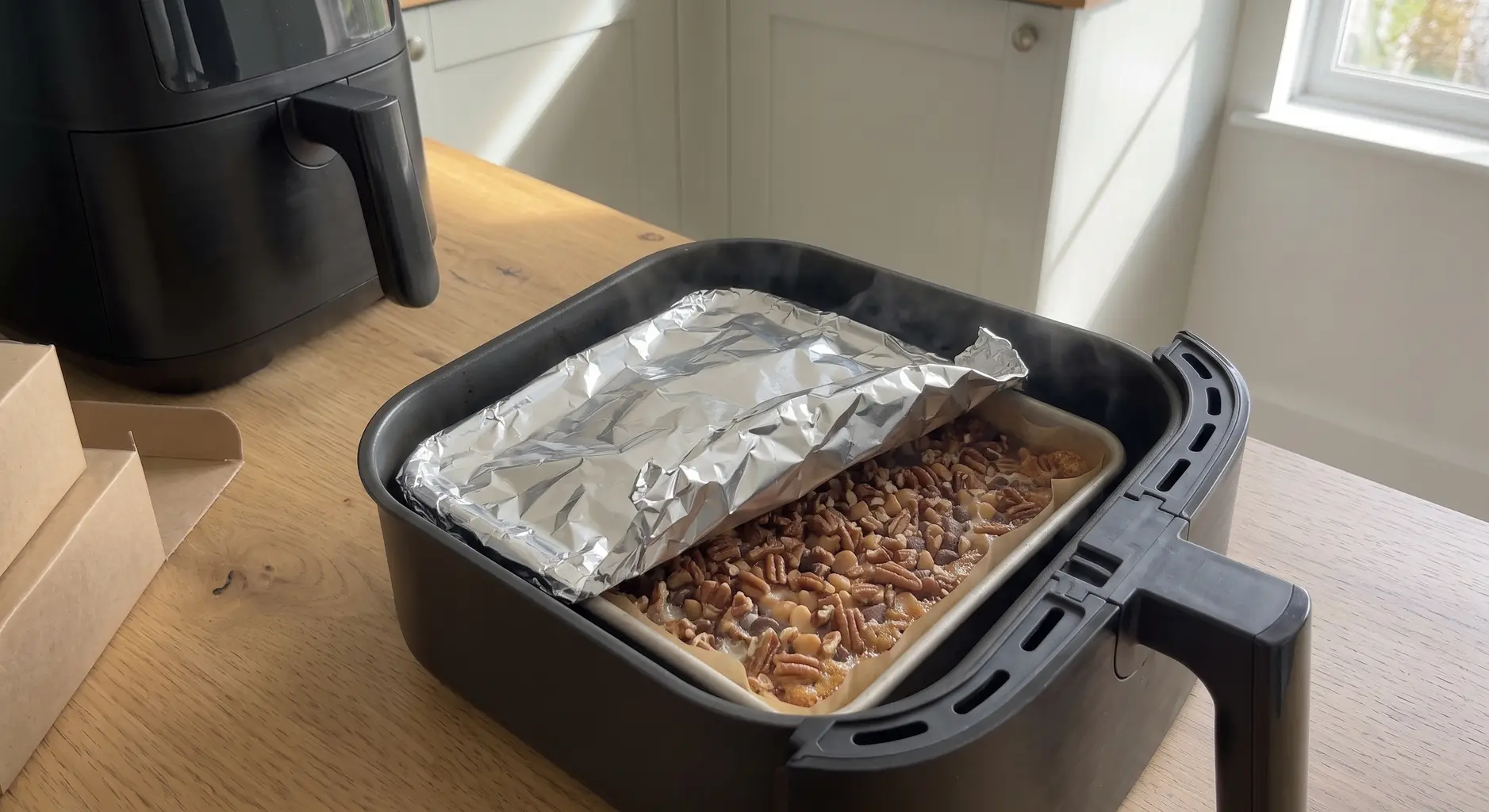 A pan of magic bars inside an air fryer basket with a sheet of foil laid loosely over the surface