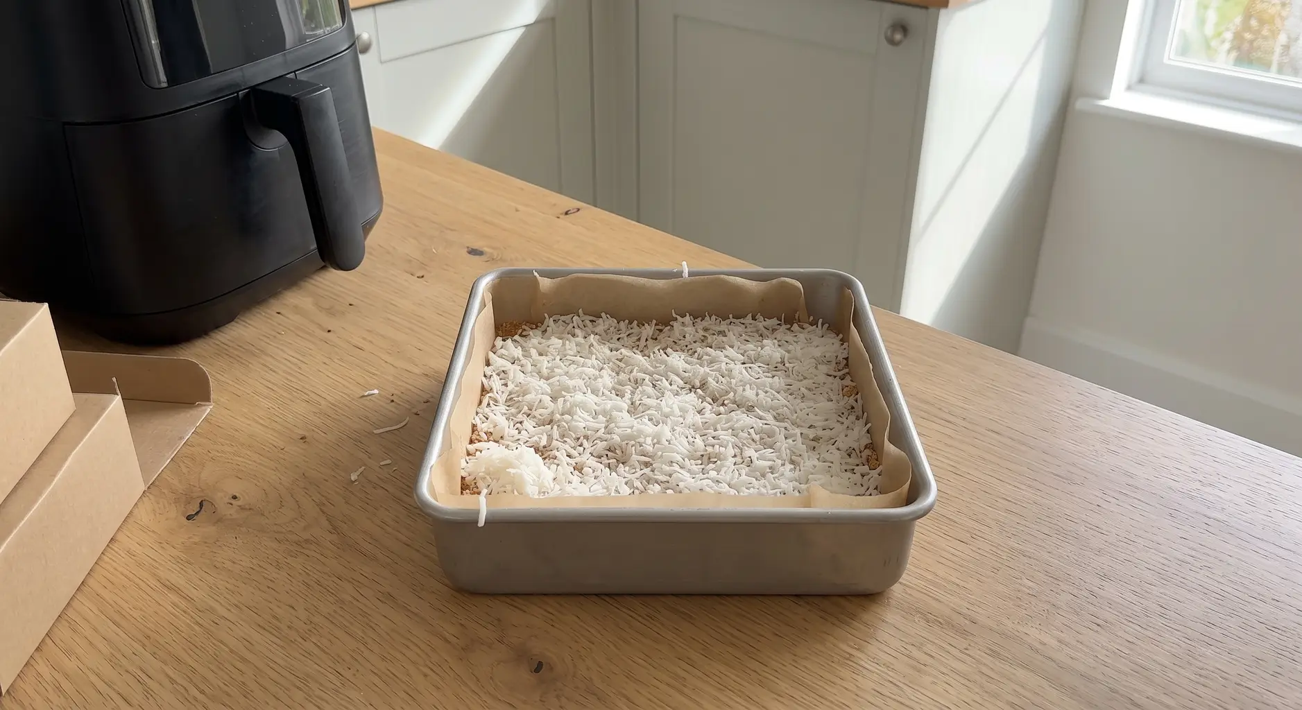 Shredded coconut spread in an even layer over a pressed graham cracker crust in a parchment-lined pan