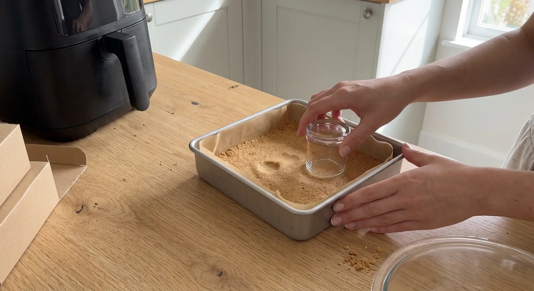A hand pressing graham cracker crumbs flat into a parchment-lined pan using the base of a small glass