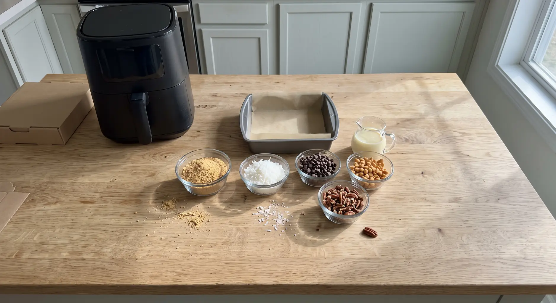 Magic bar ingredients in glass bowls on a wooden counter: graham crumbs, shredded coconut, chocolate chips, butterscotch chips, pecans and condensed milk