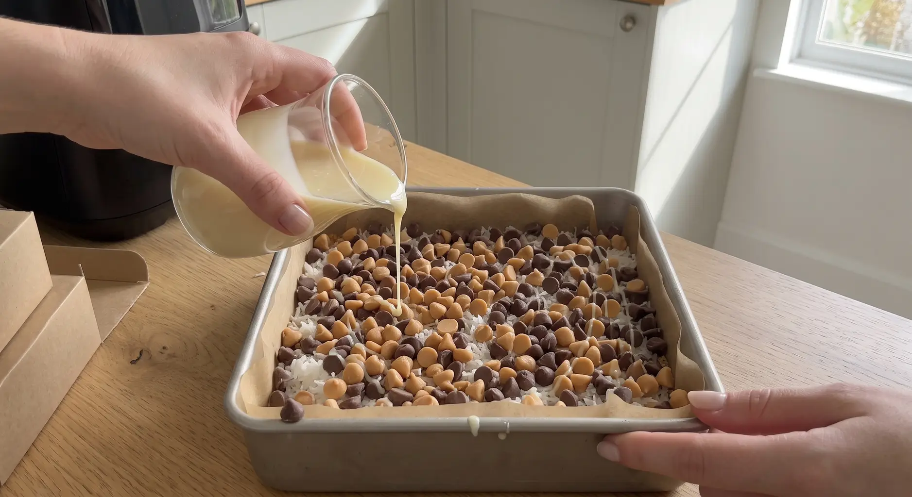 Condensed milk poured in thin ribbons over layers of chocolate and butterscotch chips resting on shredded coconut in a lined pan