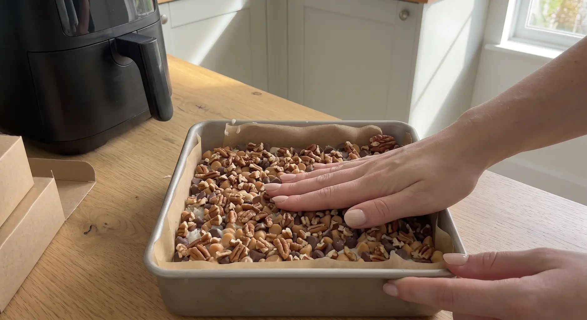 A flat hand pressing chopped pecans gently into the surface of an unbaked pan of magic bars