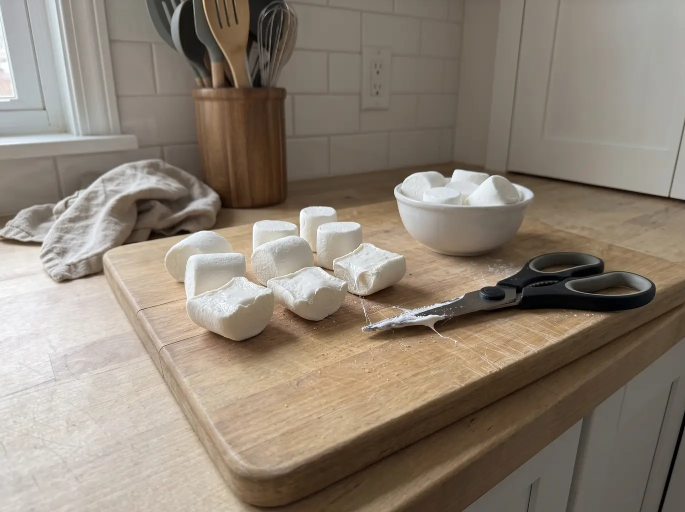 A marshmallow cut in half crosswise with scissors, sticky interior exposed