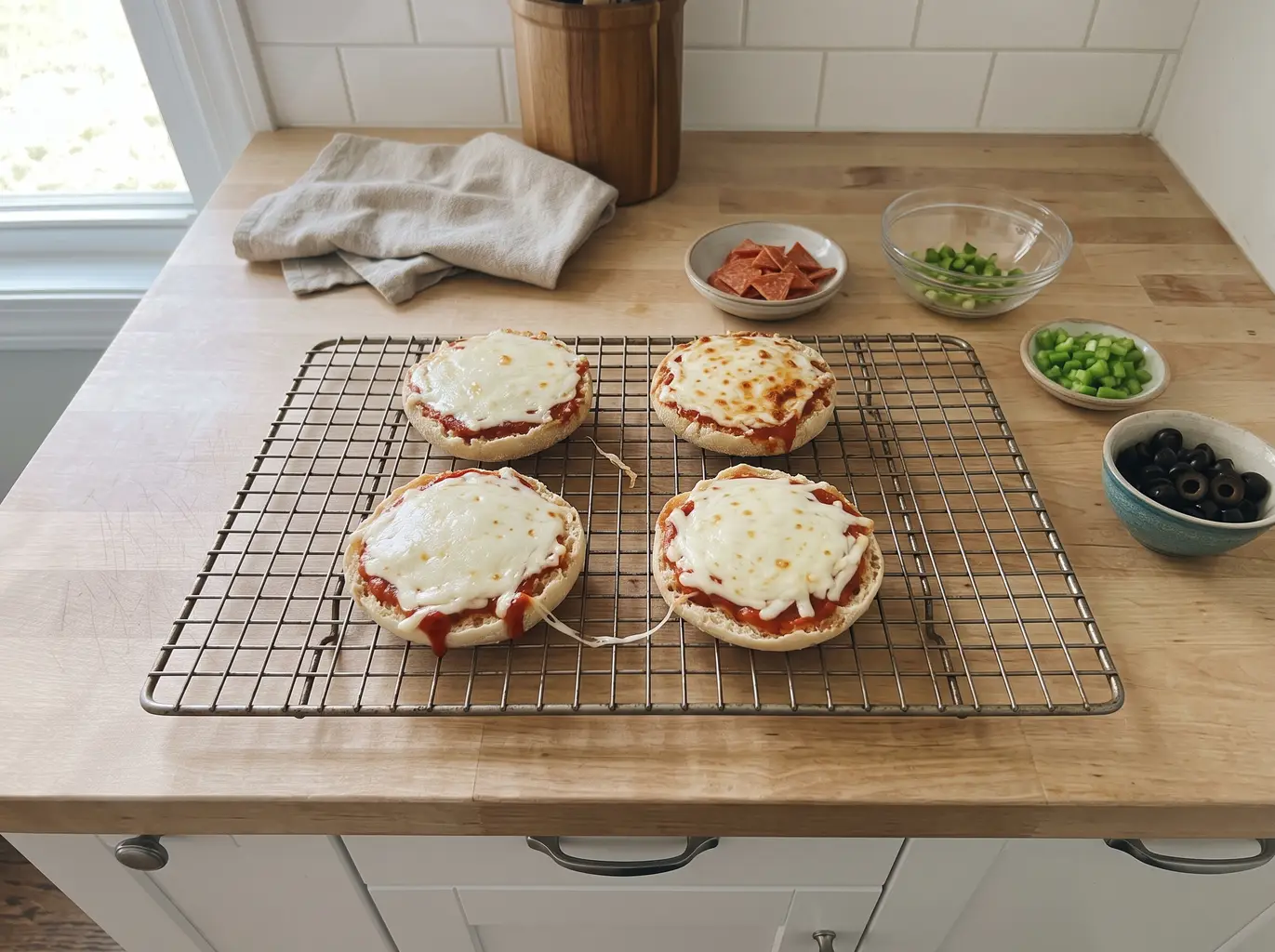 Mini pizzas with melted cheese after the first bake