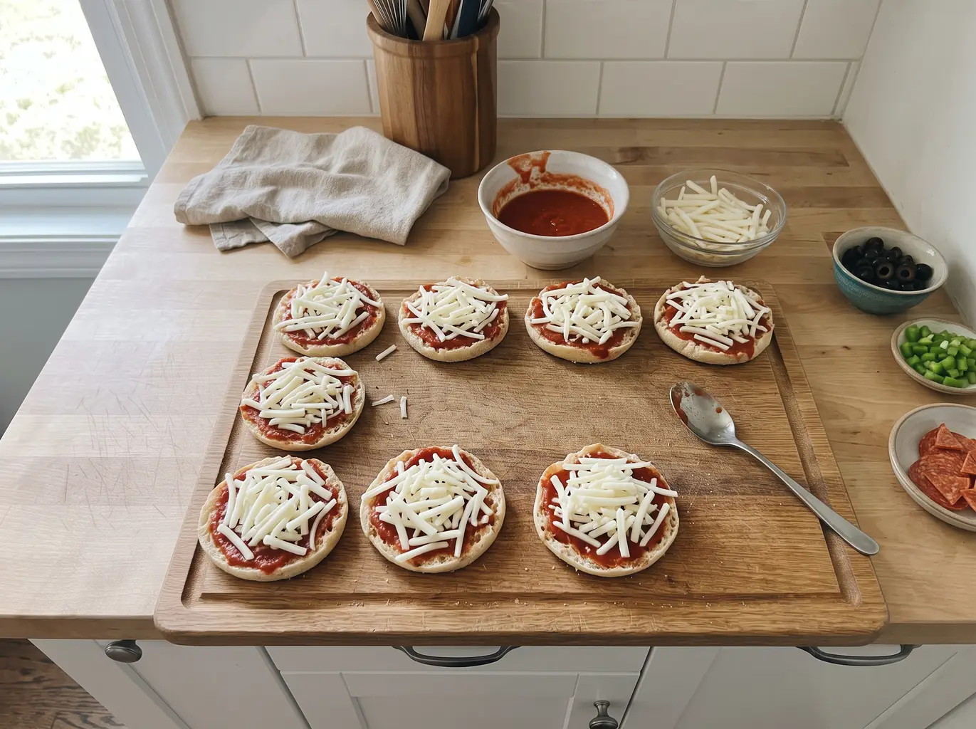 English muffin halves topped with sauce and mozzarella