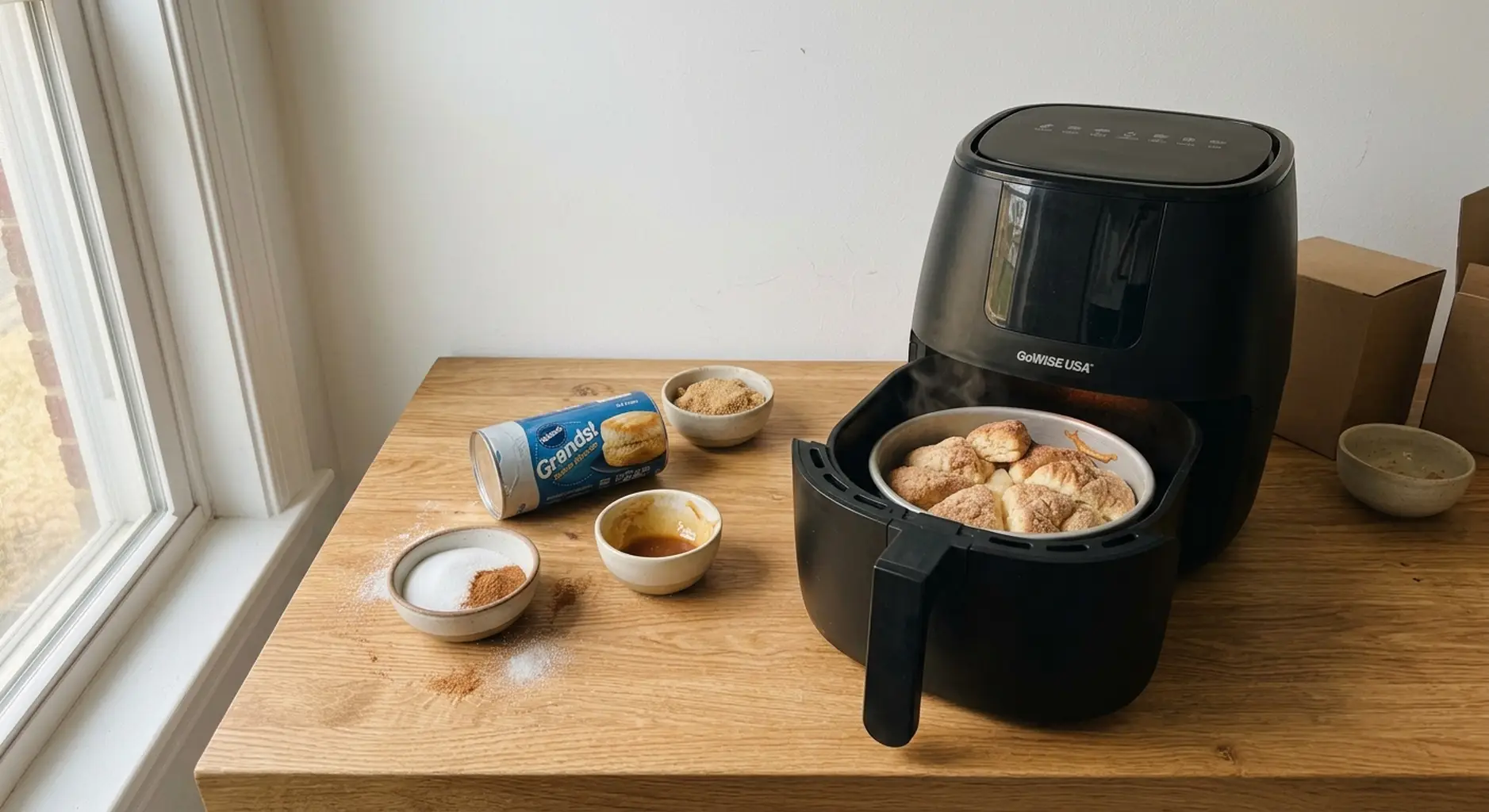 A 6 inch pan of monkey bread cooking inside an air fryer basket