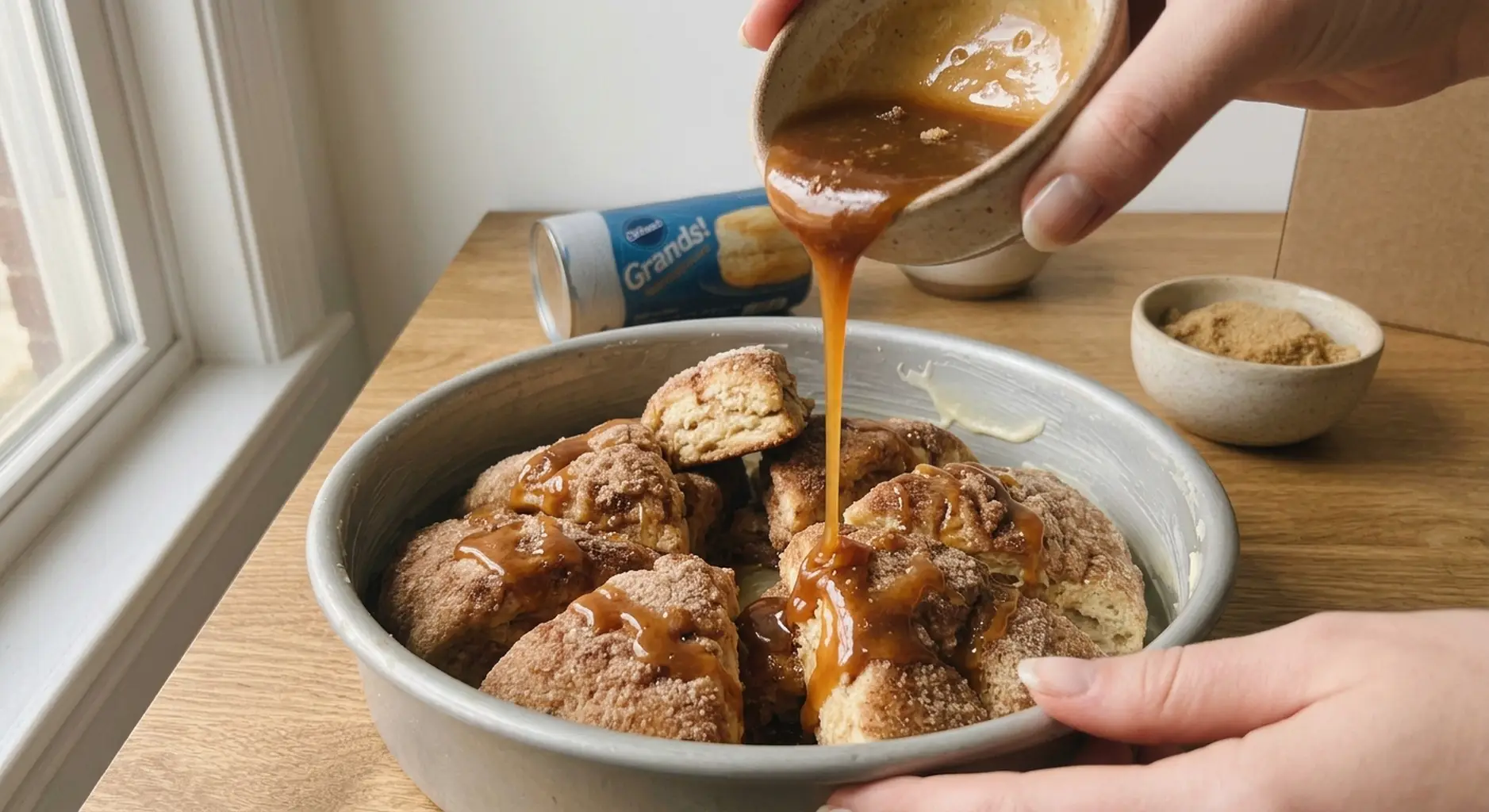 Brown sugar caramel being spooned over a pile of cinnamon sugar biscuit pieces in a pan