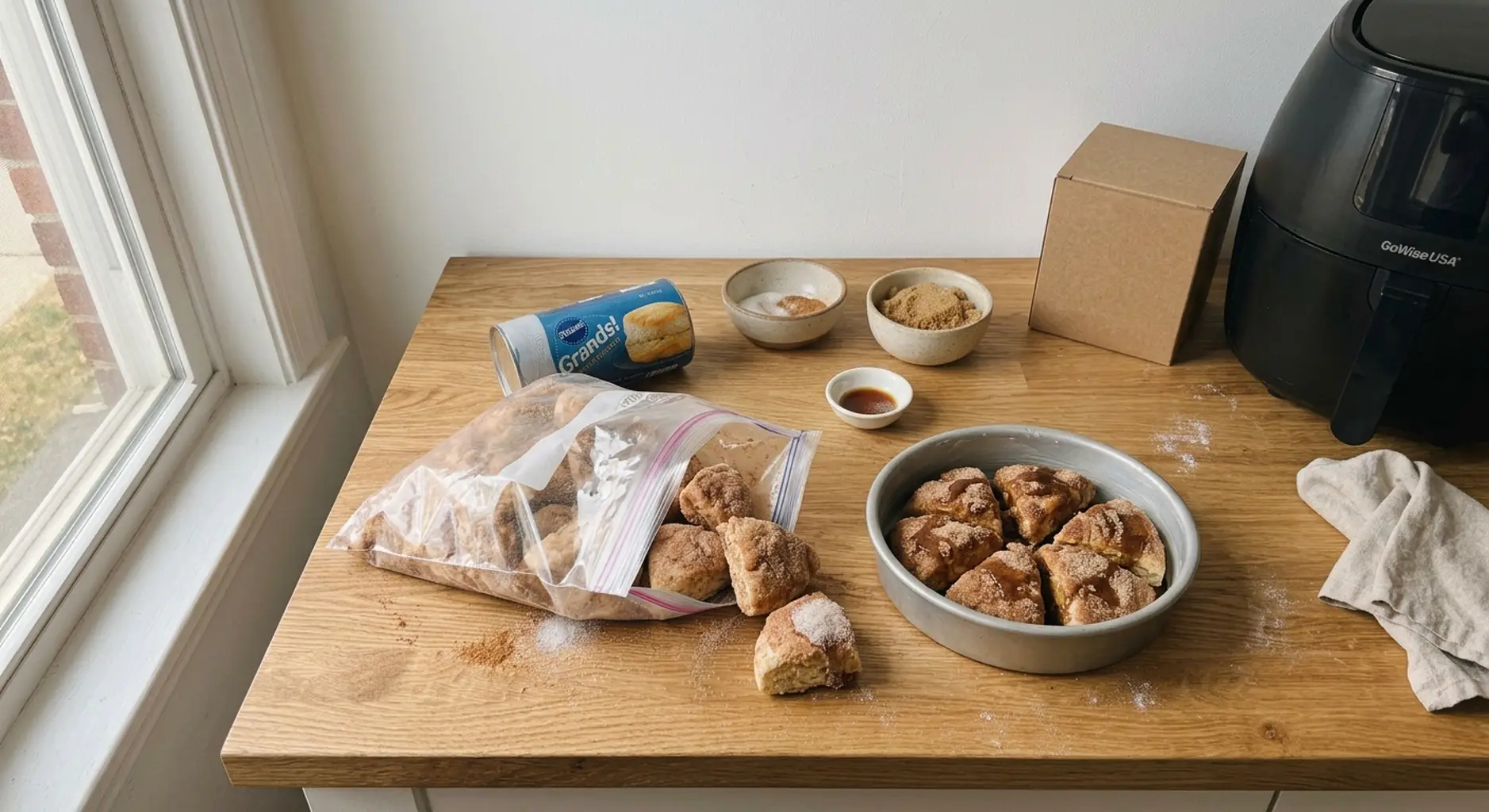 Biscuit quarters being shaken with cinnamon sugar in a zip bag