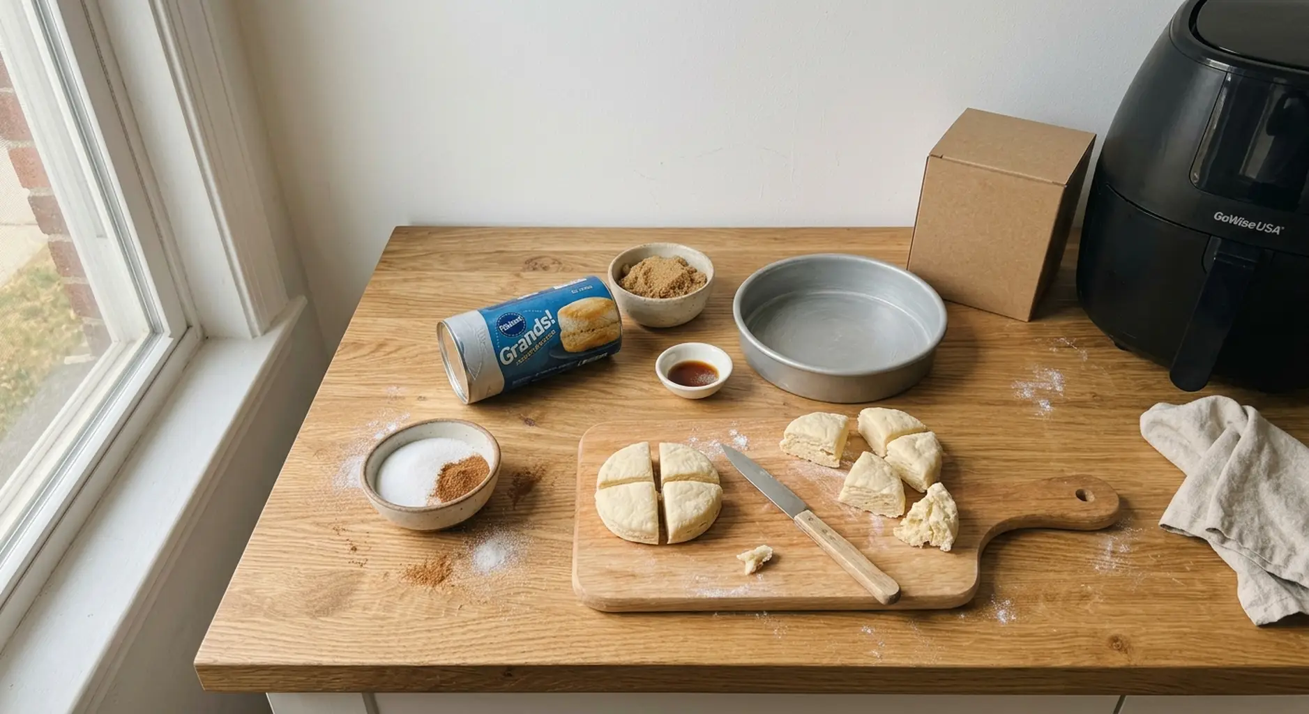 Canned biscuits being cut into quarters on a board