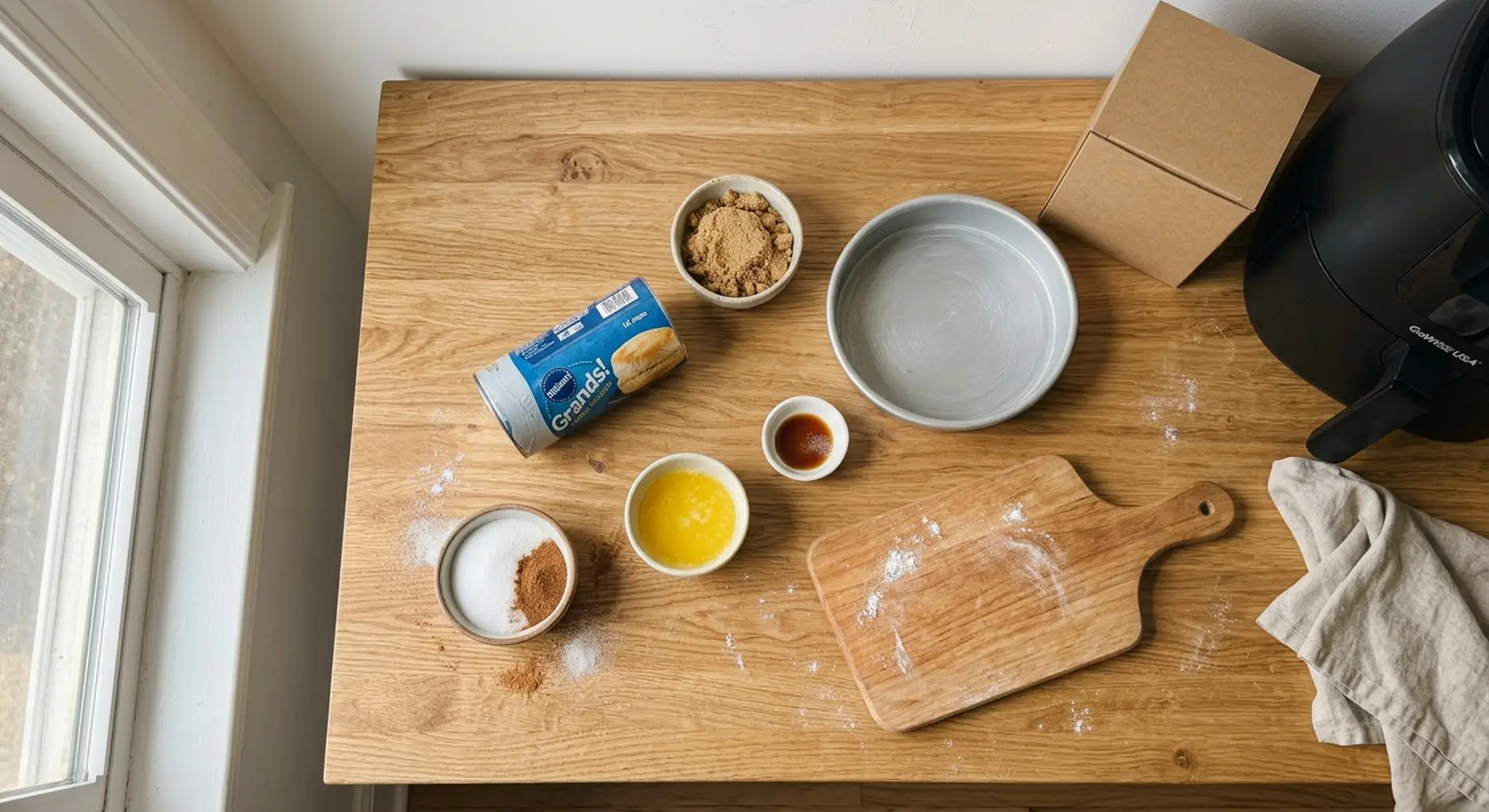 Ingredients for air fryer monkey bread: canned biscuits, butter, brown sugar, granulated sugar, cinnamon and pecans