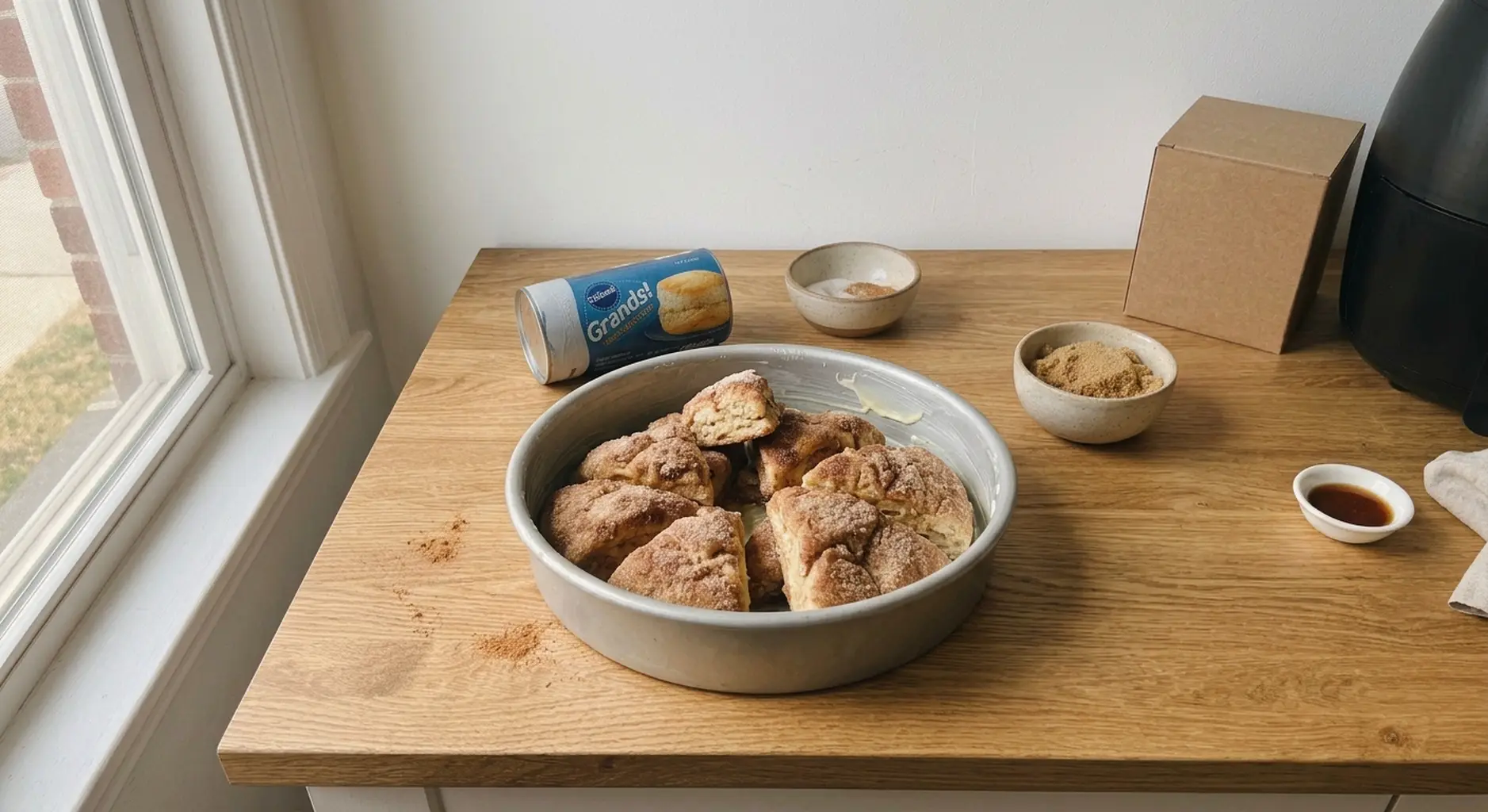 Cinnamon sugar coated biscuit quarters piled loosely into a 6 inch round cake pan