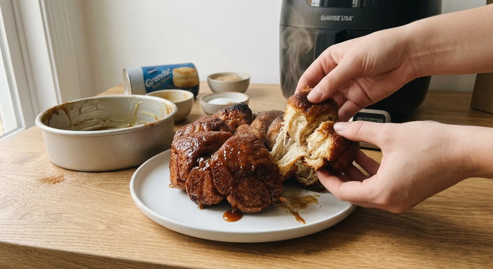 Air fryer monkey bread pulled apart on a plate with sticky caramel strands between the biscuit pieces