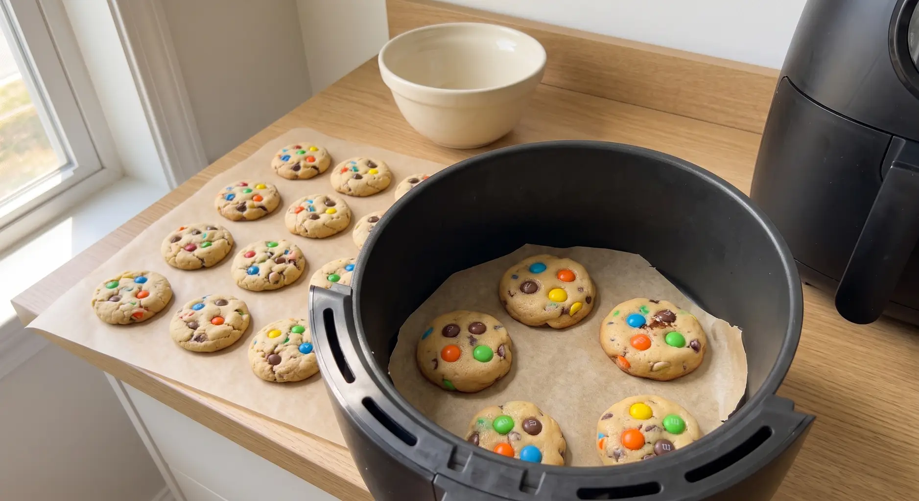 Monster cookies on parchment in an air fryer basket part way through the bake
