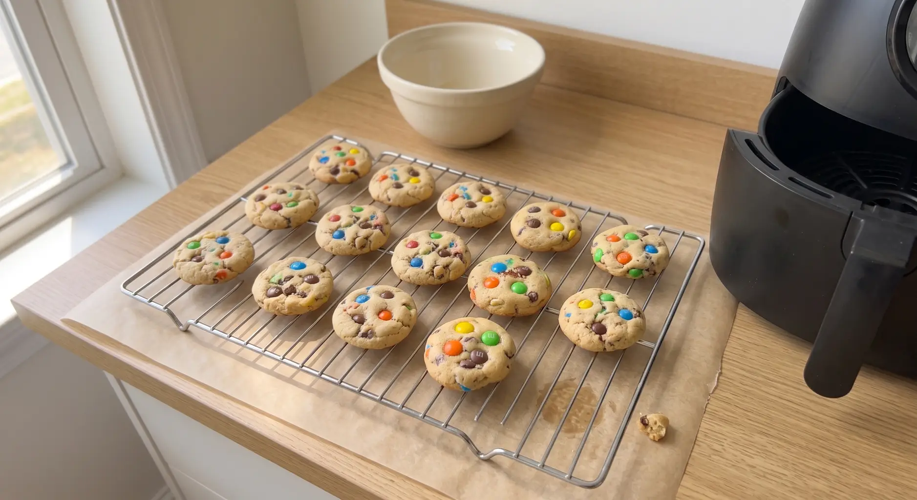 Baked air fryer monster cookies cooling on a wire rack