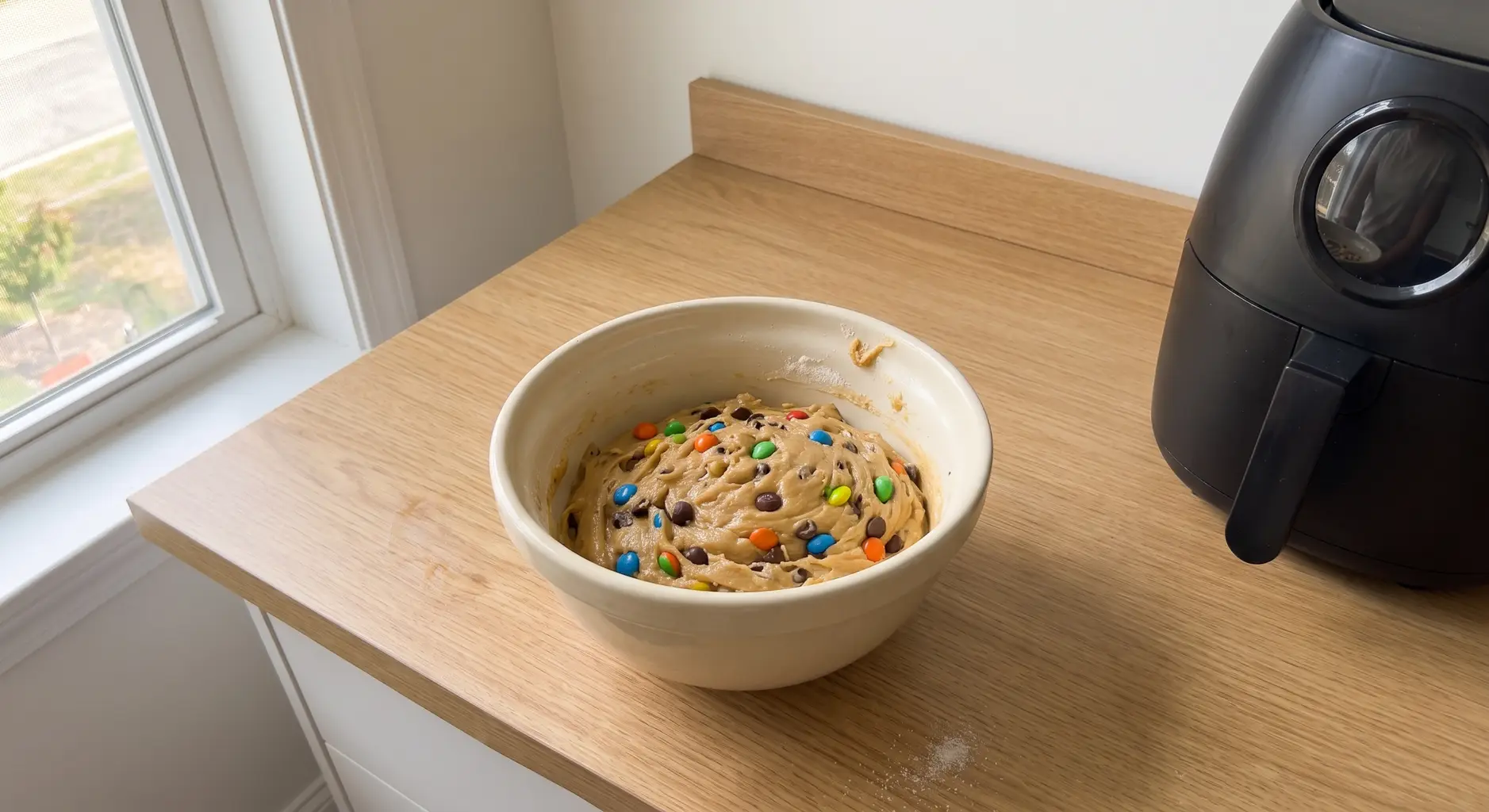 Flourless monster cookie dough resting in a mixing bowl with candy folded through