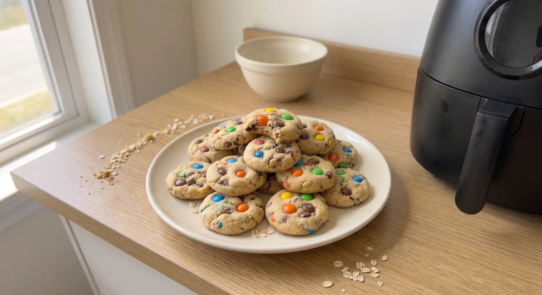 A plate piled with air fryer monster cookies studded with M&Ms and chocolate chips