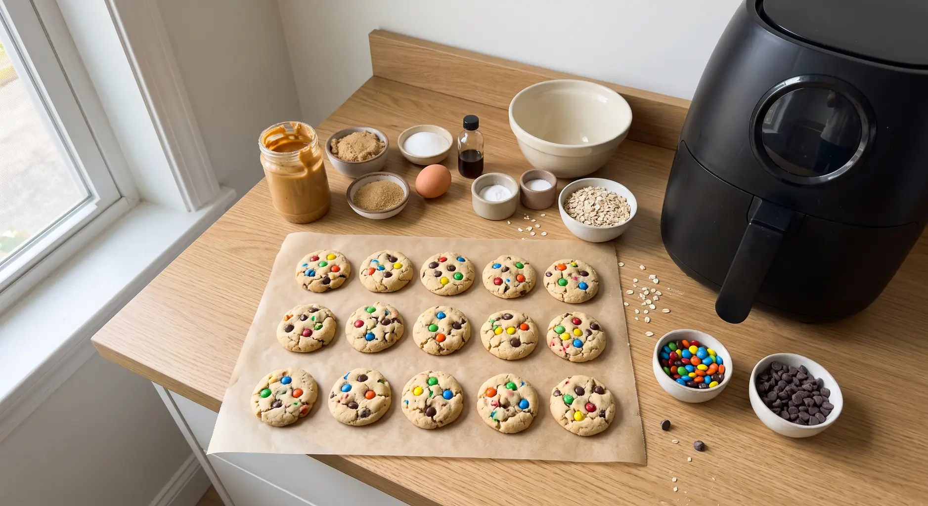 Peanut butter, sugars, egg, vanilla, oats, chocolate chips and M and Ms laid out beside an air fryer