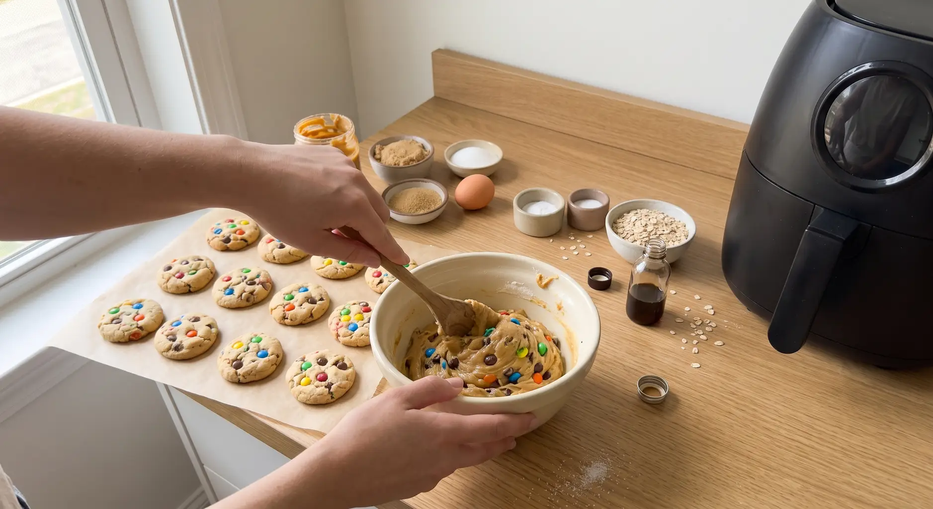 Stirring flourless monster cookie dough in one bowl with a spoon