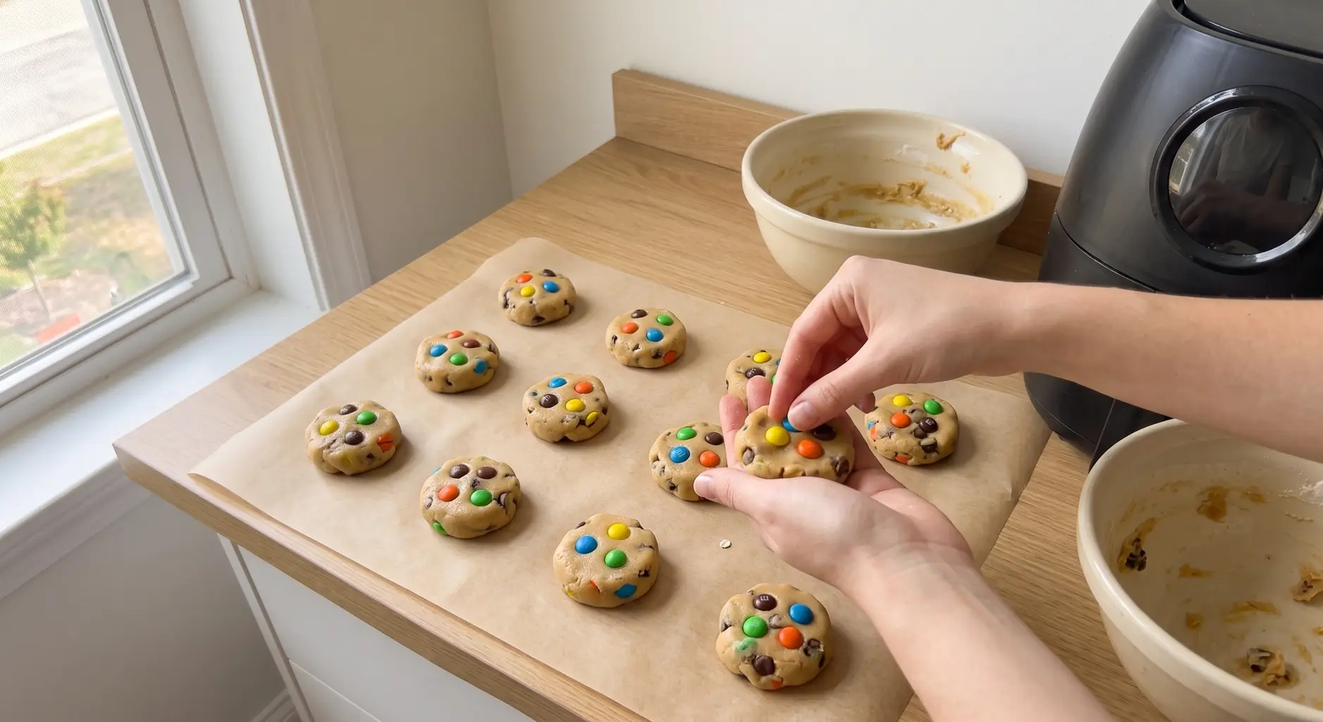 Hands pressing candy onto scooped monster cookie dough on parchment