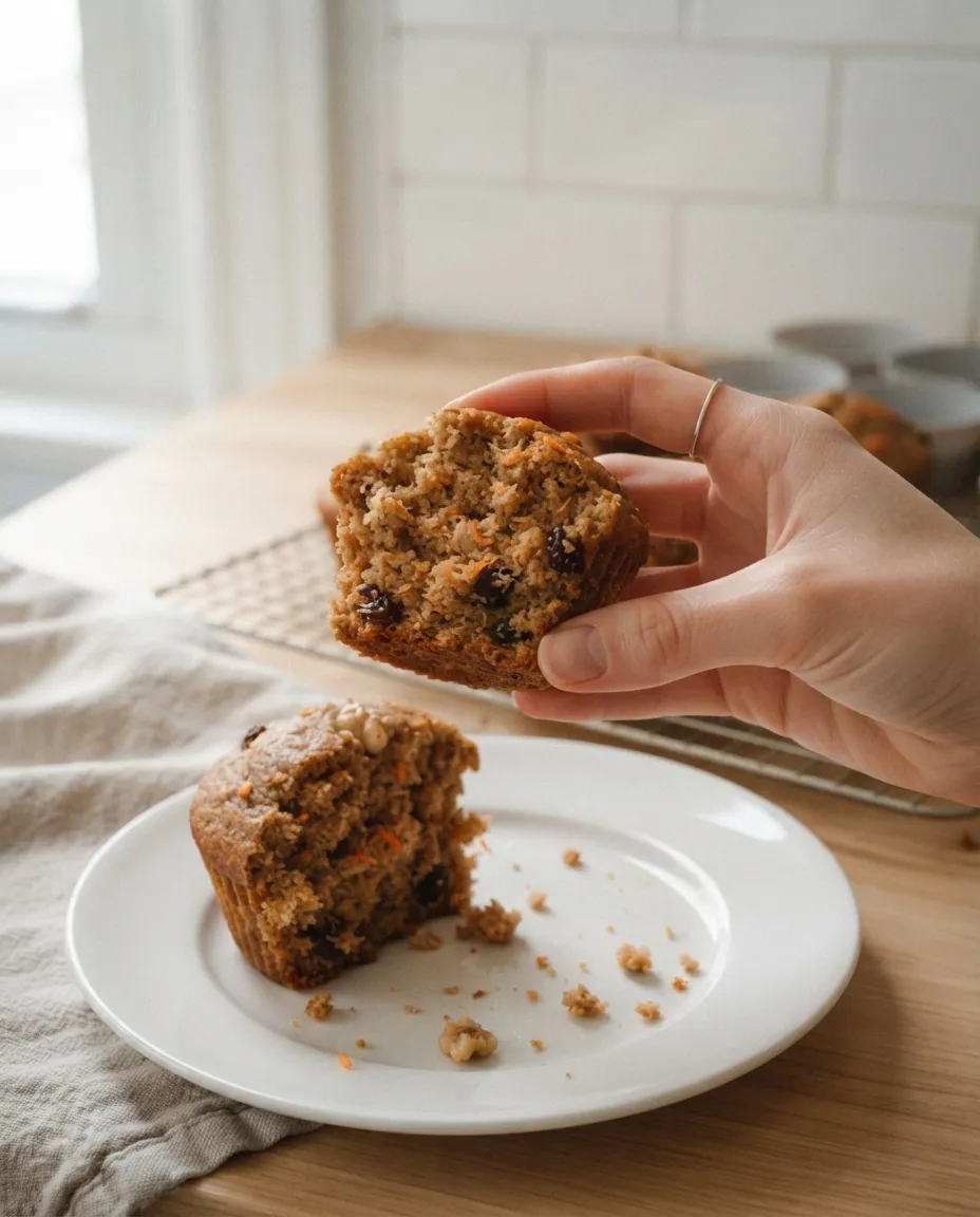A morning glory muffin broken open to show a moist crumb flecked with carrot, raisins and coconut