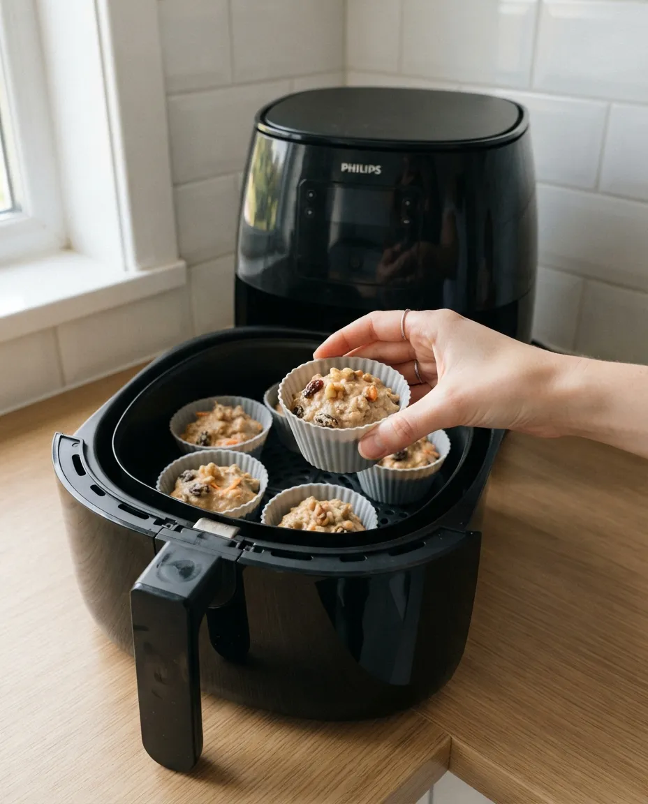 Setting a silicone cup of morning glory muffin batter into an air fryer basket with five others