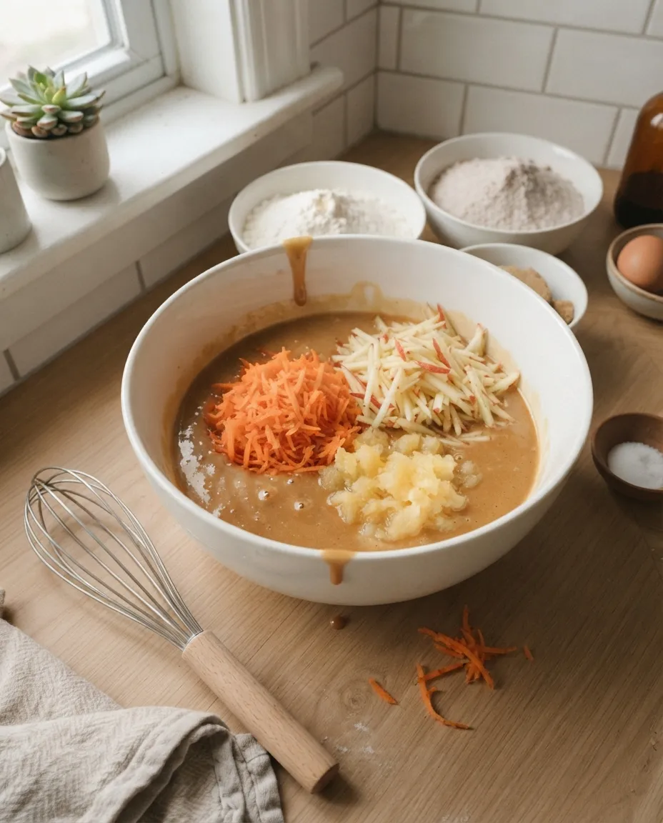 Grated carrot, grated apple and pressed pineapple piled onto the whisked wet batter base in a large white bowl