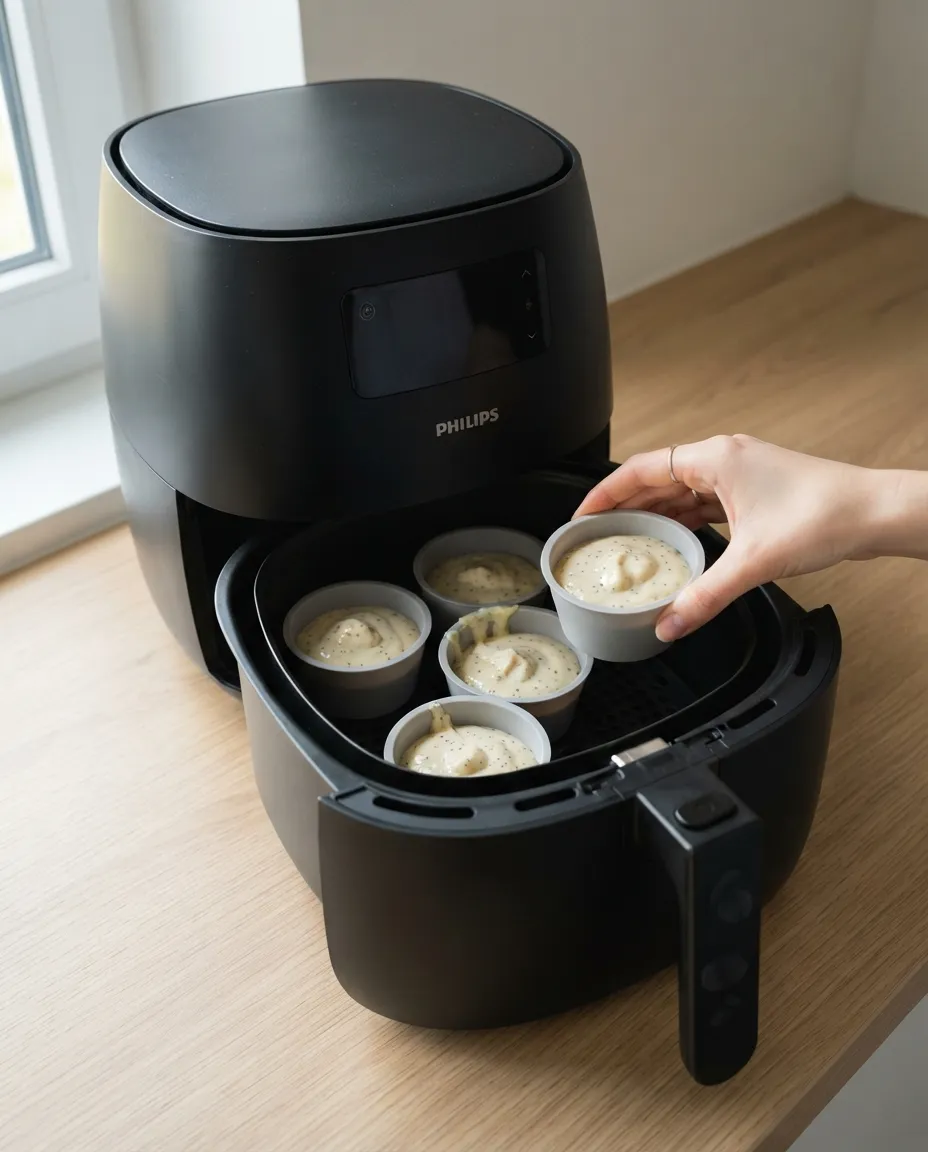 Setting silicone cups of poppy seed muffin batter, filled two-thirds full, into an air fryer basket