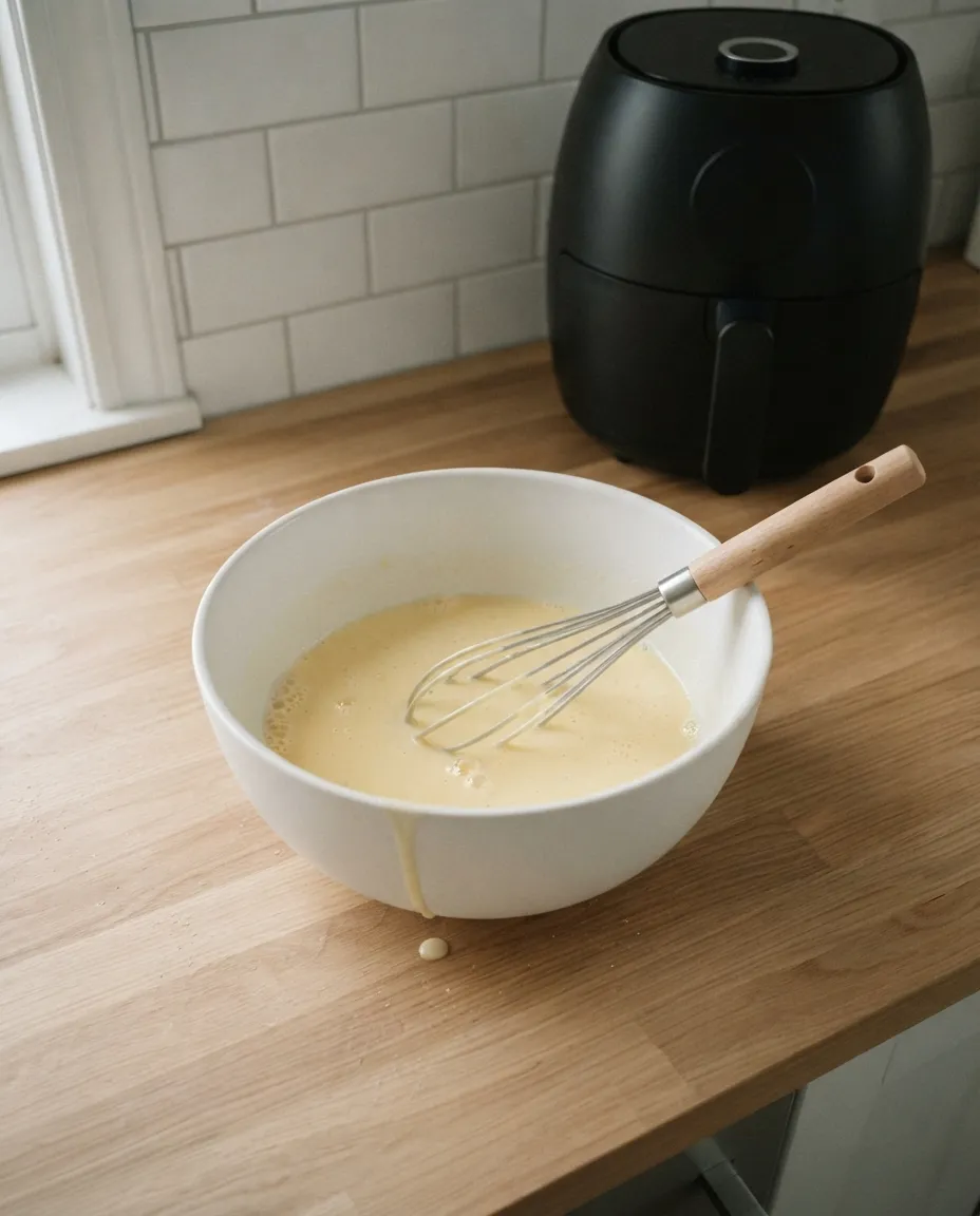 Eggs, buttermilk, oil and vanilla whisked smooth in a white bowl