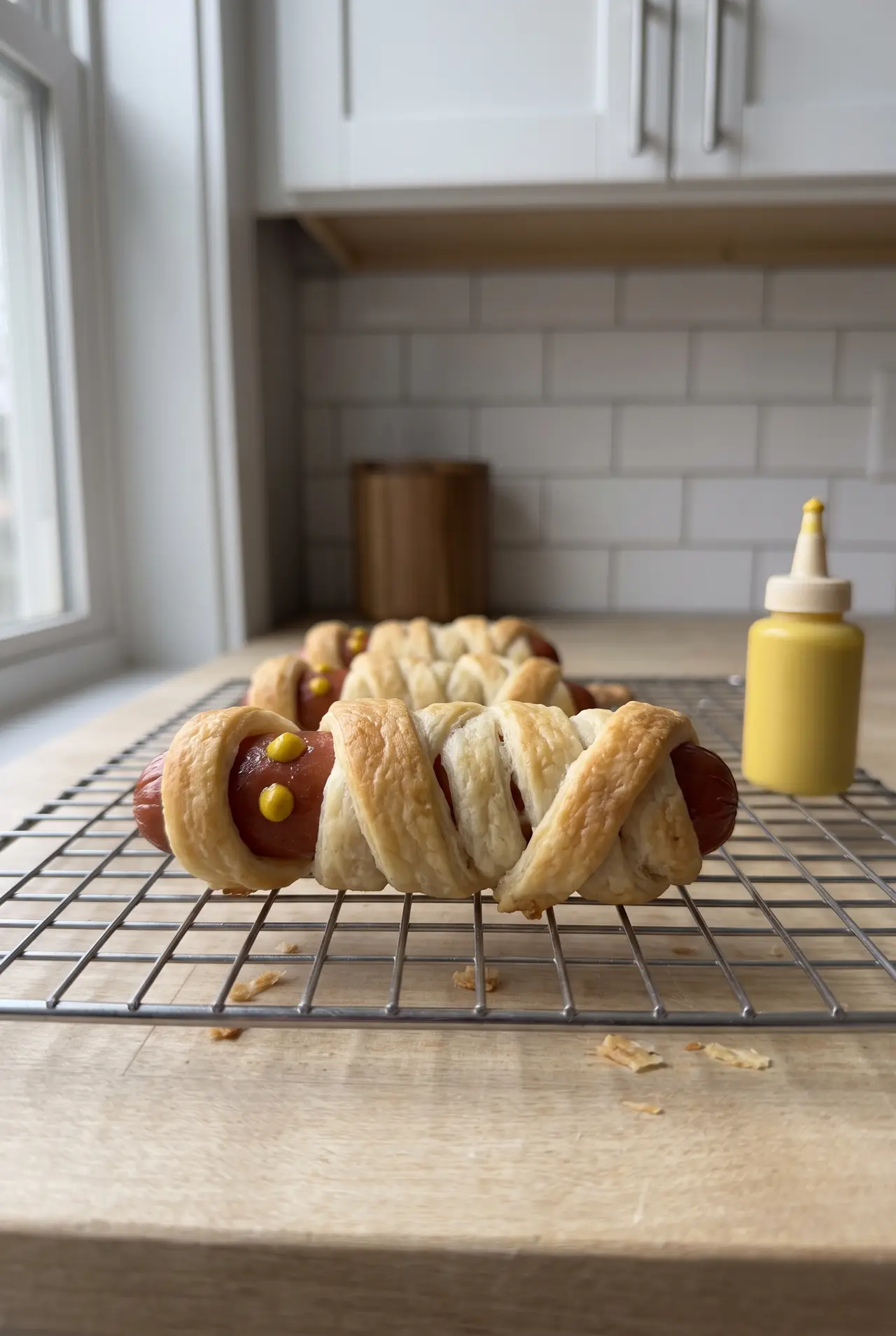 Mustard-dot eyes added to a baked mummy dog
