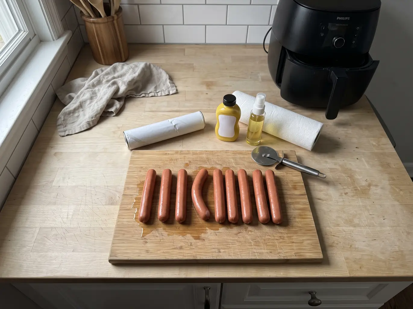 Hot dogs, crescent dough and mustard laid out for air fryer mummy dogs