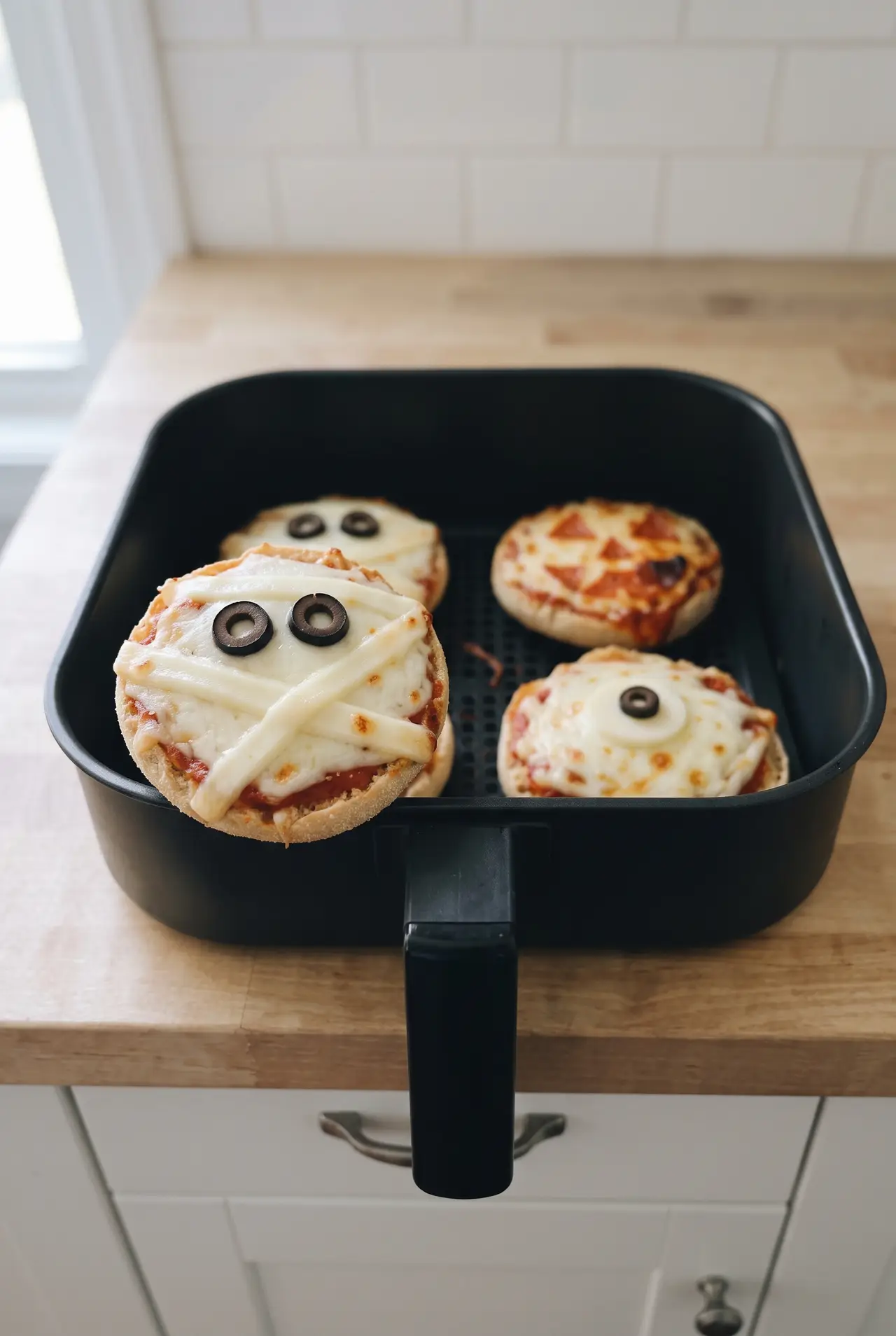 Close-up of a mummy-face Halloween mini pizza