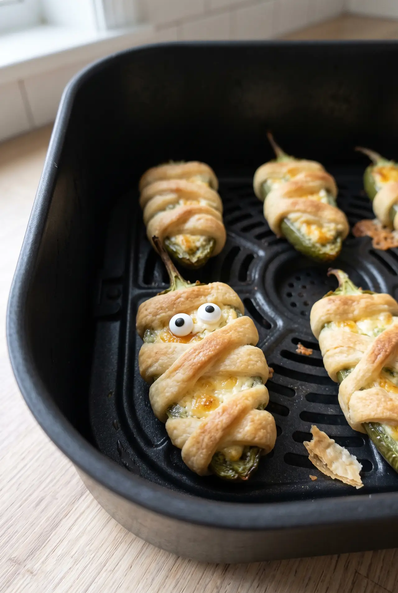 Mustard eyes added to a baked mummy jalapeno popper