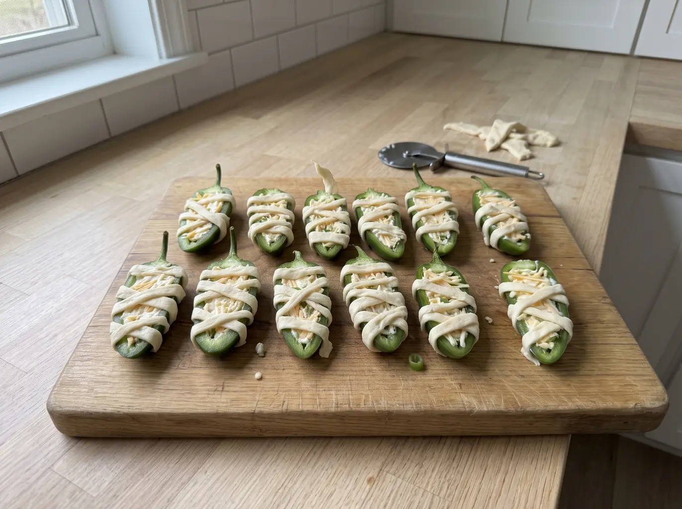 Filled jalapenos wrapped with crossing crescent dough strips