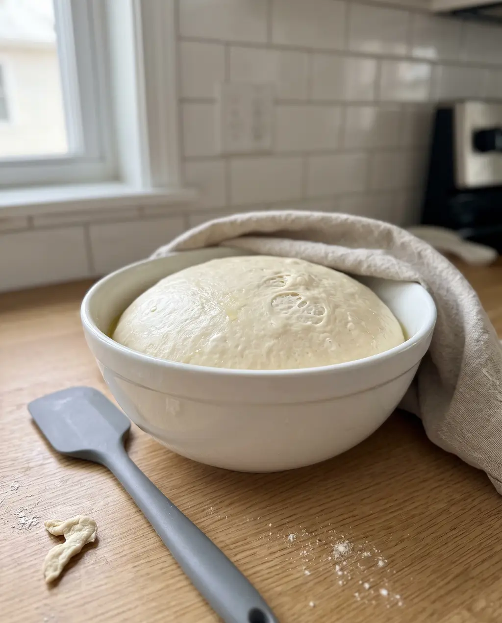 Soft yeasted naan dough risen and puffy in a white bowl, a towel draped over the rim