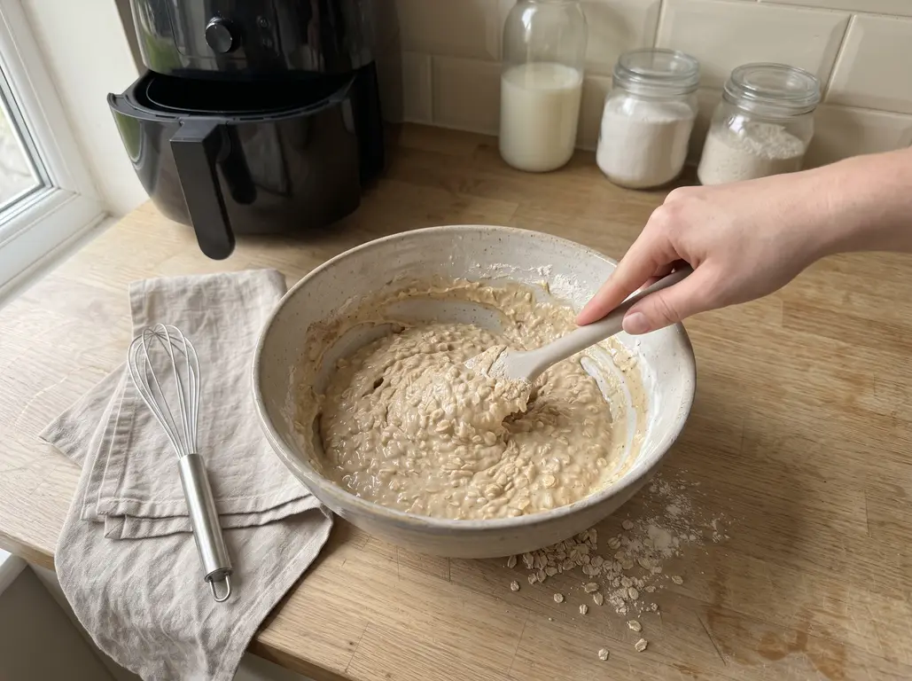 Folding the soaked oat batter with a spatula just until the flour streaks disappear