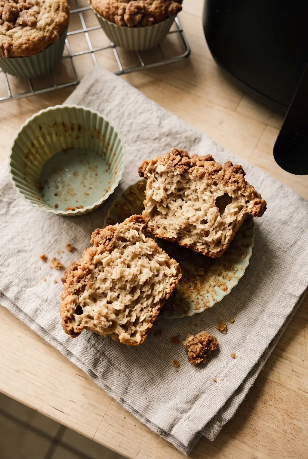 Close-up of a split air fryer oatmeal muffin showing a tender, even crumb with no gummy ring