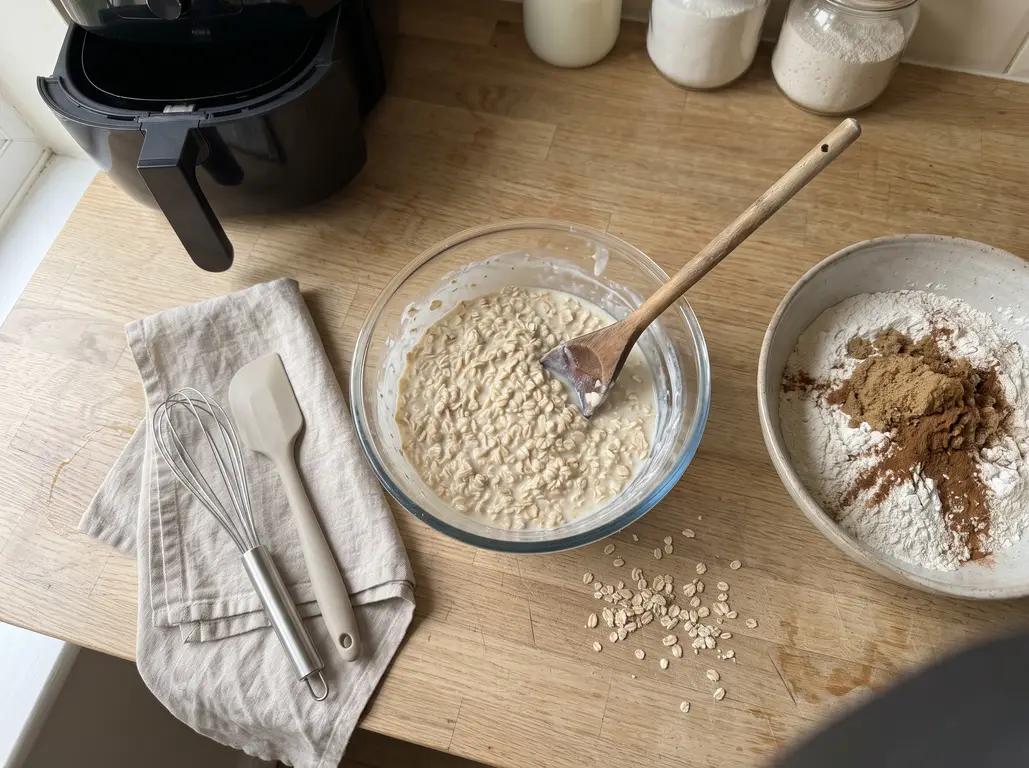 Rolled oats soaking in buttermilk in a glass bowl, swollen and softened after twenty minutes