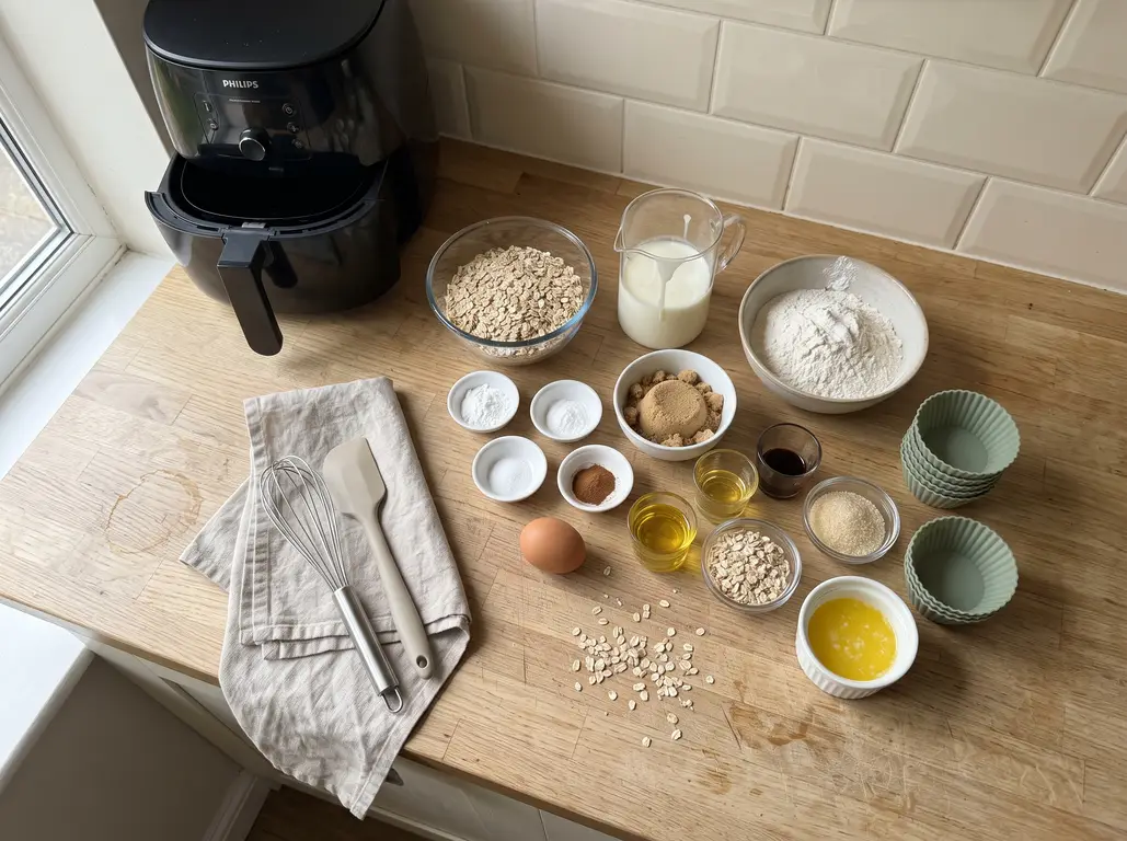 Ingredients for air fryer oatmeal muffins laid out: rolled oats, buttermilk, flour, brown sugar, egg, oil, cinnamon and vanilla