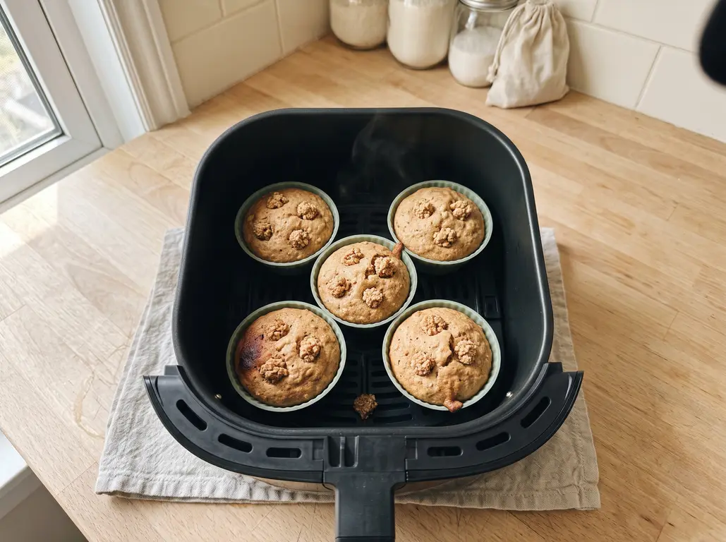 Air fryer oatmeal muffins fresh out of the basket with toasted oat crowns and domed tops