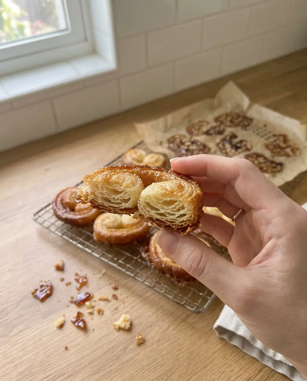 A palmier broken in half showing dozens of flaky puff pastry layers inside a caramelized sugar shell