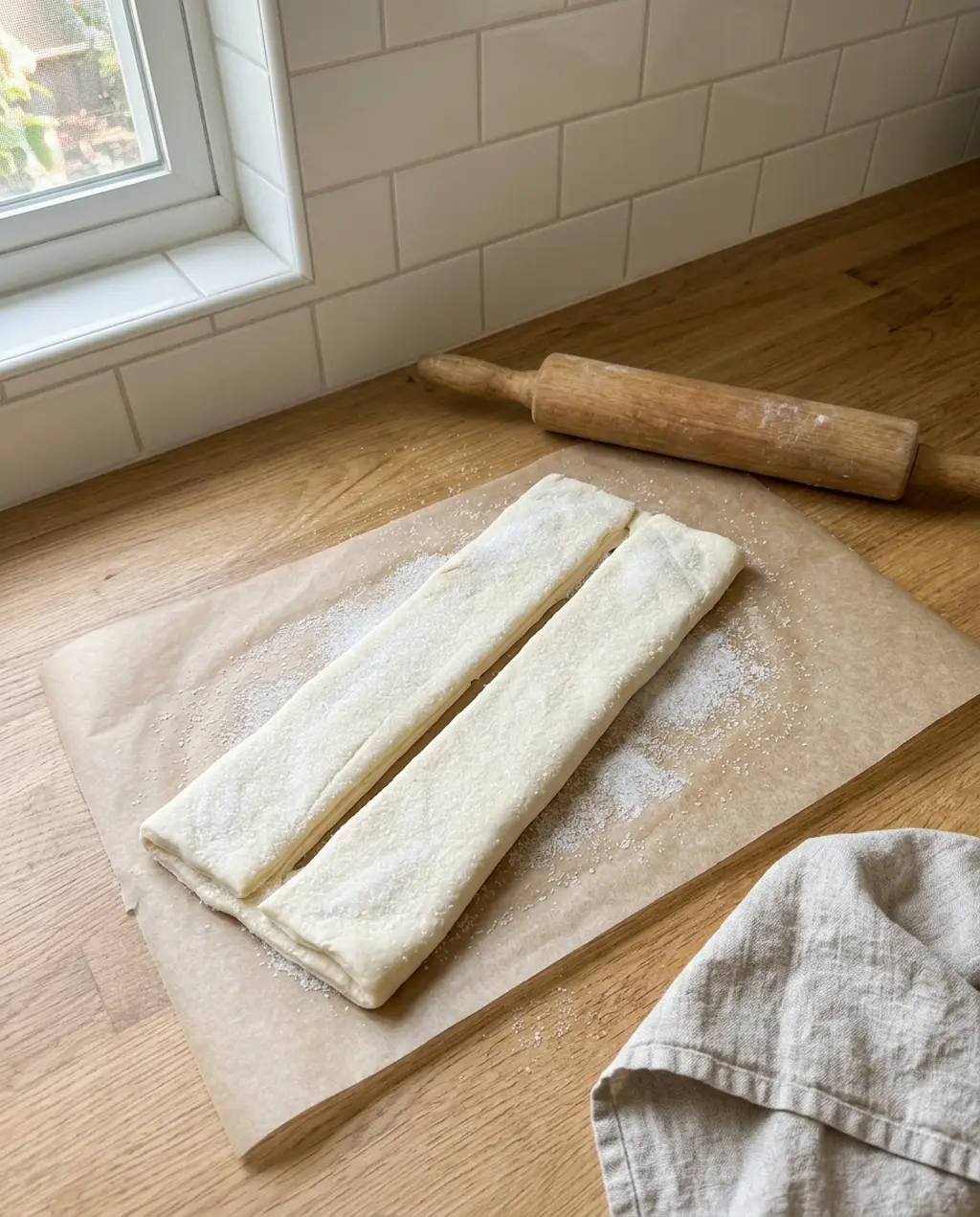Sugared puff pastry folded into two long thick halves meeting along a center line, ready to be closed like a book