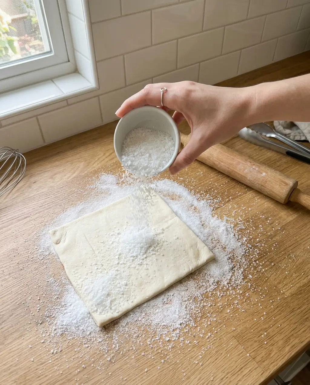Pouring granulated sugar over a sheet of puff pastry already sitting on a bed of sugar