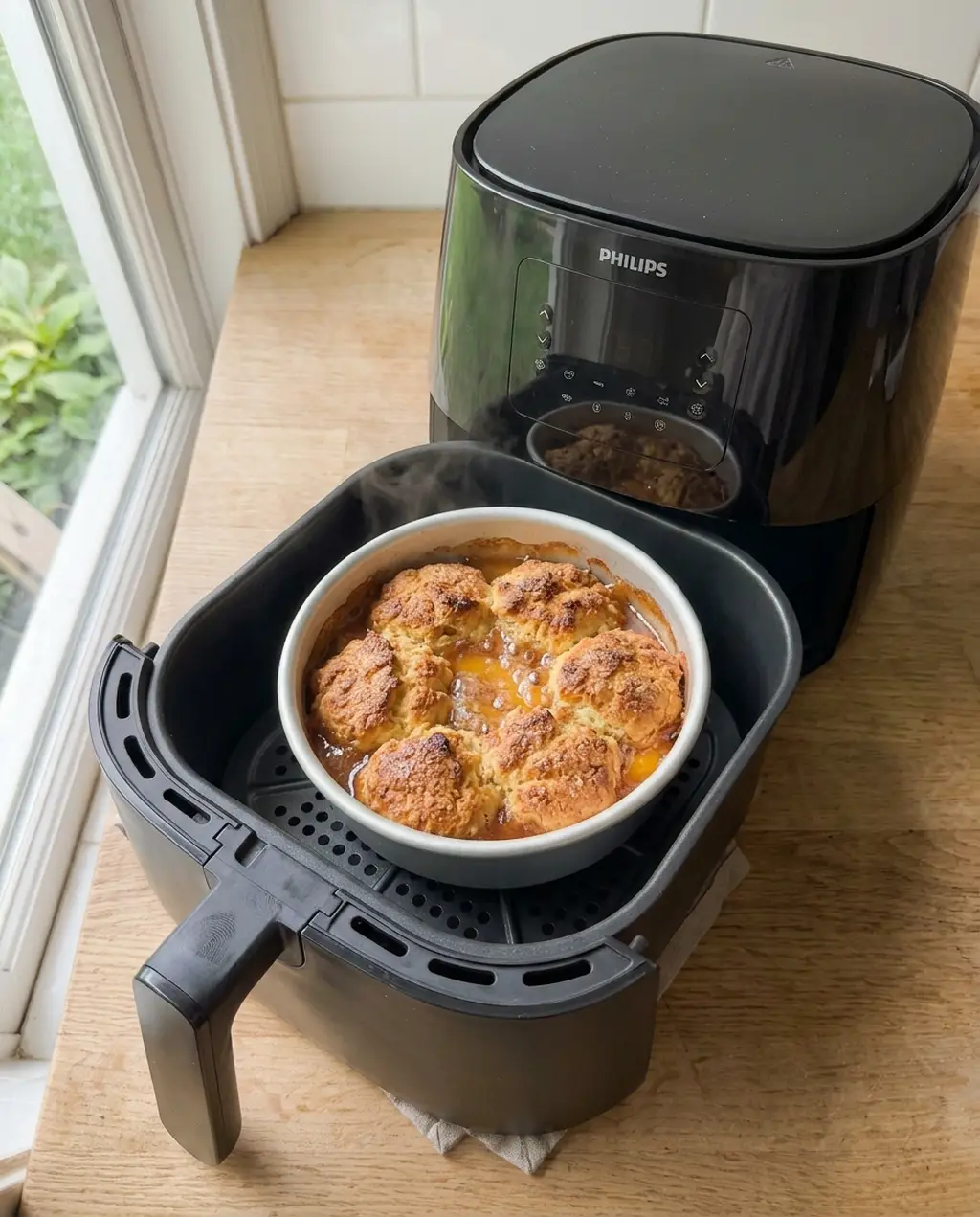 Deep golden biscuit-topped peach cobbler with syrup bubbling at the edges in an open Philips air fryer basket