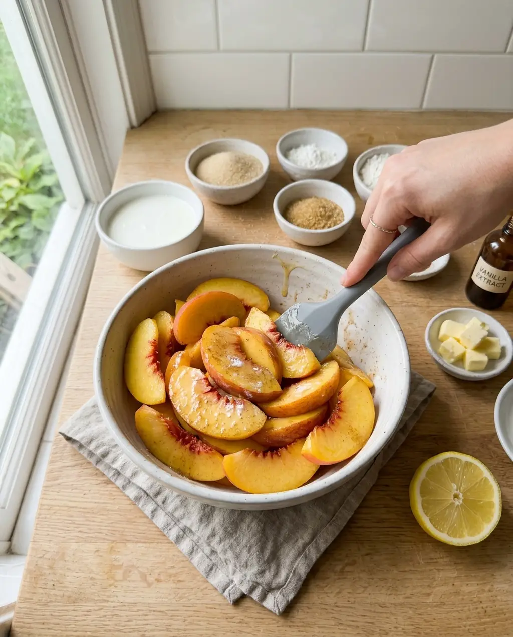 A spatula tossing fresh peach slices with sugar, cornstarch and lemon juice in a white bowl