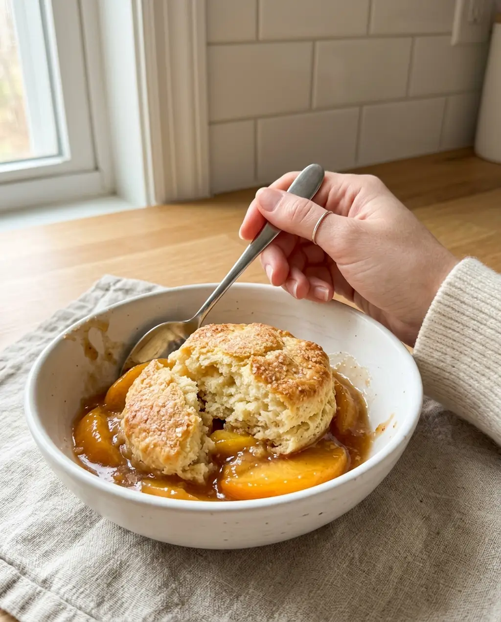 A bowl of air fryer peach cobbler with a split golden buttermilk biscuit over glossy peach slices and syrup, a spoon lifting a bite