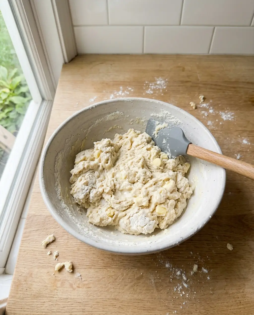 Shaggy biscuit dough with visible butter pieces and dry patches in a white bowl with a spatula