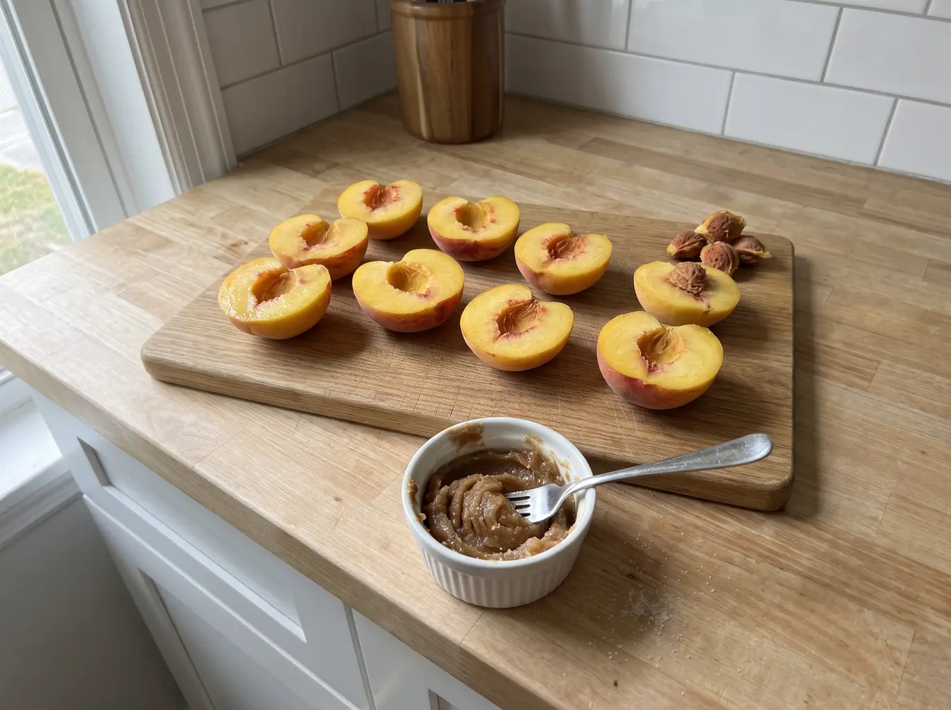 Halved peaches on a board beside a ramekin of brown-sugar butter mashed to a paste with a spoon